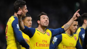 MANCHESTER, ENGLAND - JANUARY 18: Santi Cazorla celebrates scoring a goal for Arsenal during the match between Manchester City and Arsenal in the Barclays Premier League at Etihad Stadium on January 18, 2015 in Manchester, England. (Photo by David Price/Arsenal FC via Getty Images)