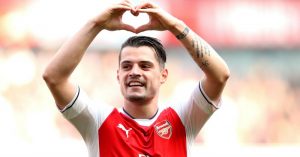 Arsenal's Granit Xhaka celebrates scoring his side's first goal of the game during the Premier League match at the Emirates Stadium, London. PRESS ASSOCIATION Photo. Picture date: Sunday May 7, 2017. See PA story SOCCER Arsenal. Photo credit should read: Adam Davy/PA Wire. RESTRICTIONS: EDITORIAL USE ONLY No use with unauthorised audio, video, data, fixture lists, club/league logos or "live" services. Online in-match use limited to 75 images, no video emulation. No use in betting, games or single club/league/player publications.