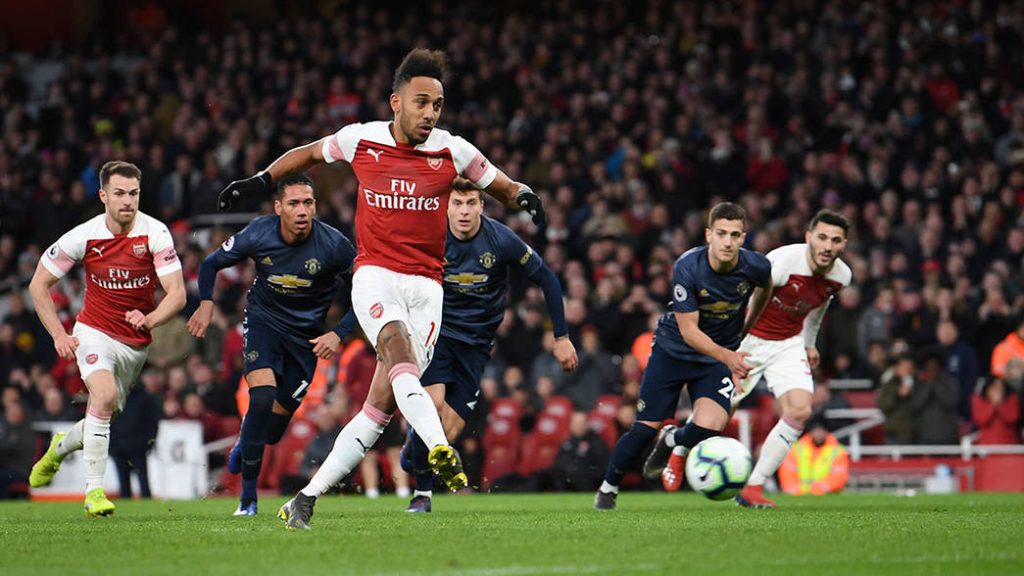 LONDON, ENGLAND - MARCH 10: Pierre-Emerick Aubameyang scores Arsenal's 2nd goal from the penalty spot during the Premier League match between Arsenal FC and Manchester United at Emirates Stadium on March 10, 2019 in London, United Kingdom. (Photo by David Price/Arsenal FC via Getty Images) *** Local Caption *** Pierre-Emerick Aubameyang